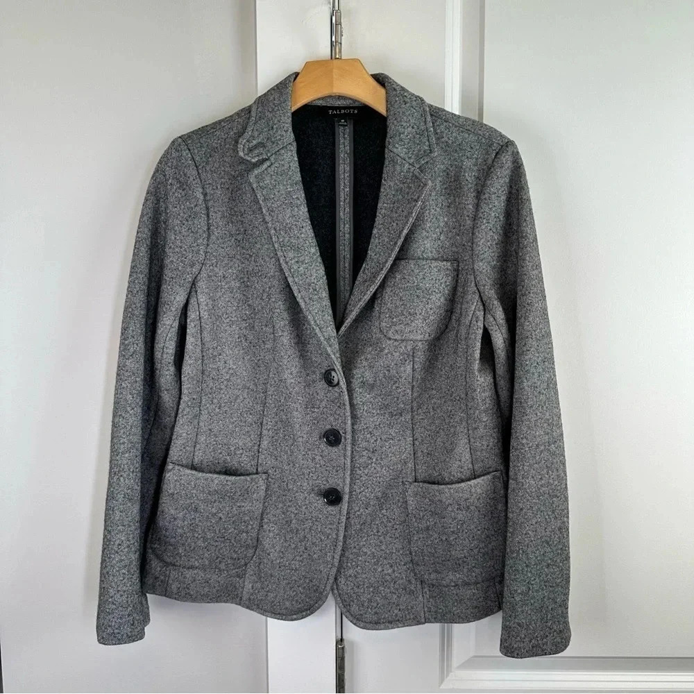 Talbots  Gray Wool Blend 3‎ Button Blazer size 10 Classic Neutral Minimalist